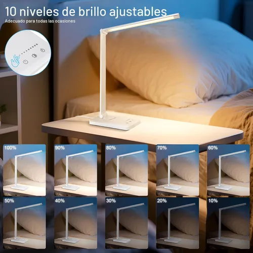 Miniatura 7 de Lámpara de escritorio LED White Crown regulable, lámpara de mesa para lectura con puerto de carga USB, 5 modos de iluminación, control sensible
