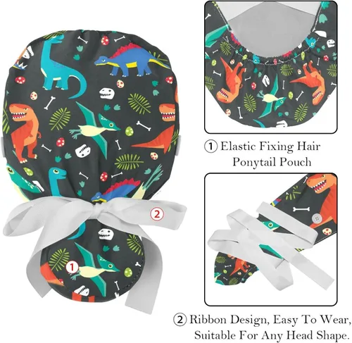 Miniatura 4 de DEYYA 2 gorras Bouffant con bolsa de cola de caballo de algodón, gorro de trabajo ajustable, gorra quirúrgica de dinosaurio, camuflaje verde