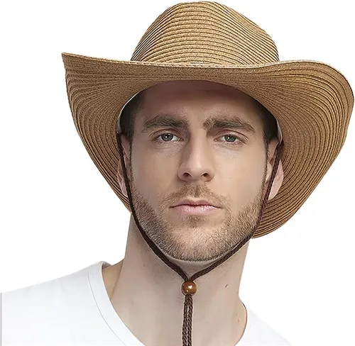 Miniatura 9 de Sombrero de vaquero de paja para hombres y mujeres, sombrero de sol de ala ancha, sombrero de vaquera Panamá con correa para la barbilla, sombrero