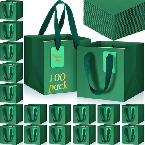 Miniatura 17 de Windyun 25 mini bolsas de regalo de papel con asa de 6 x 6 x 6 pulgadas, pequeñas bolsas cuadradas con etiqueta de agradecimiento para Navidad