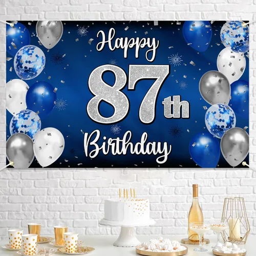 Miniatura 131 de Decoración de feliz cumpleaños 35, globo azul y plateado de 35 años, cartel grande de telón de fondo de cumpleaños, suministros para fiesta de 35th