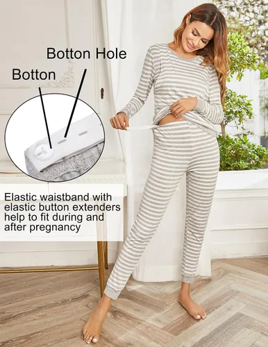 Miniatura 2 de Ekouaer Conjunto de ropa interior térmica de maternidad y lactancia, conjunto de pantalones largos de punto a rayas, capa base superior e inferior