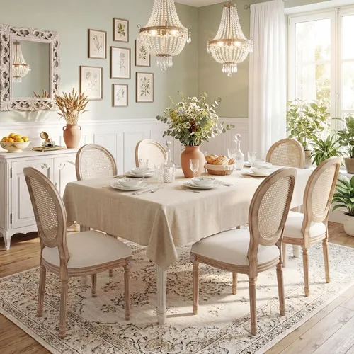 Miniatura 7 de Polar Aurora Juego de 2 sillas de comedor con respaldo cuadrado de tela beige con patas de madera maciza y marco para cocina francesa de campo