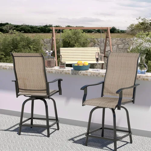 Miniatura 8 de UDPATIO Juego de 4 taburetes de bar giratorios para exteriores, taburetes altos para exteriores con tela textil impermeable, reposabrazos, Marrón