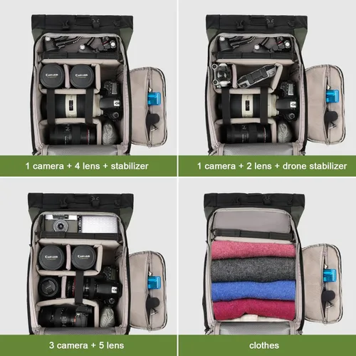 Miniatura 2 de Mochila impermeable para cámara Besnfoto, bolsa de fotografía con tapa enrollable para cámara DSLR SLR sin espejo con compartimento para laptop