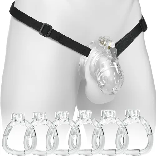 Miniatura 9 de Jaula de castidad masculina, jaula de polla grande de silicona suave y ligera con 6 tamaños de anillos y cerradura invisible para ejercicio del pene