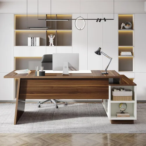 Miniatura 6 de Tribesigns Escritorio ejecutivo en forma de L, escritorio ejecutivo moderno de mediados de siglo de 70.5 pulgadas con gabinete de almacenamiento