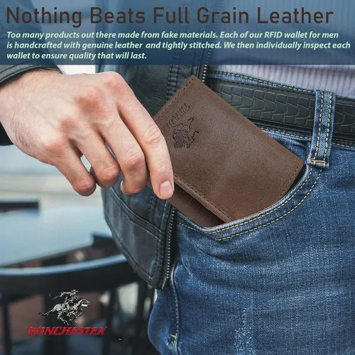 Miniatura 5 de Winchester Trifold Carteras para hombres de cuero genuino grano completo, delgado minimalista cartera RFID ranura para tarjeta con ventana