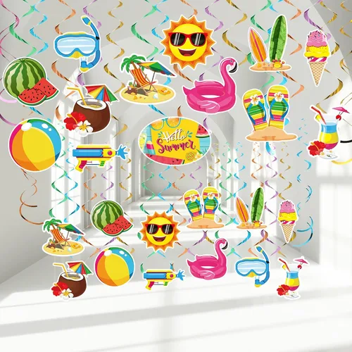 Pajean 30 espirales colgantes de verano para fiesta en la piscina, decoraciones colgantes de techo de verano, decoraciones de remolinos colgantes de