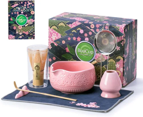 Buucup Juego de batidor de matcha, juego de cerámica matcha incluye cuenco matcha, batidor y soporte de matcha, cuchara de bambú, soporte para Rosa