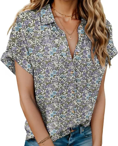 Miniatura 21 de HOTOUCH Camisas de Lino para Mujer con Botones Blusas de Manga Corta de Algodón Cuello en V con Cuello Tops de Gasa con Botones S-3XL