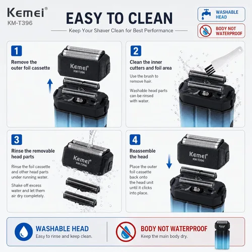 Miniatura 6 de Kemei KM-T396 - Afeitadora eléctrica para hombres con 3 cuchillas flotantes, afeitadora eléctrica inalámbrica recargable de 7500 RPM para hombre