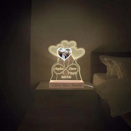 Miniatura 6 de Luz nocturna personalizada con ilusión 3D con base de madera, lámpara de corazón personalizada con texto de imagen, luz nocturna LED acrílica