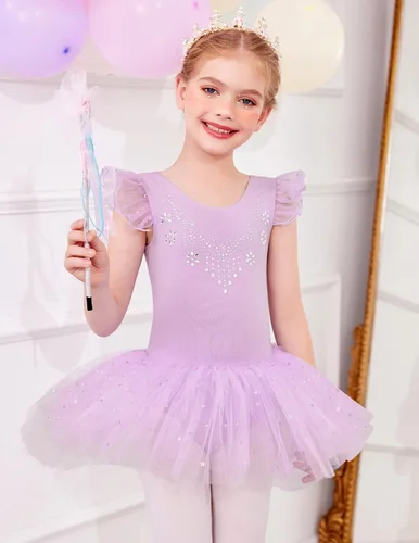 Miniatura 4 de Flypigs Leotardos de ballet para niñas, vestidos de tutú de bailarina con falda brillante, manga con volantes, vestido de baile de ballet