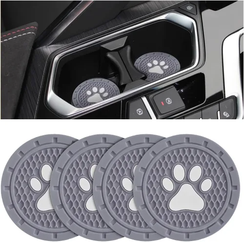Miniatura 25 de Osilly Posavasos para Portavasos de Automóvil, Paquete de 4 Posavasos Antideslizantes de PVC con Estampado de Huellas de Pata, Tapete Universal