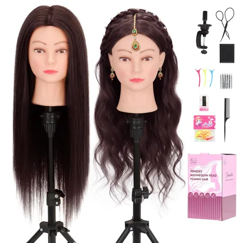 Miniatura 9 de Cabeza de maniquí con 80% de cabello humano de 26-28 pulgadas, cabeza de práctica de maniquí de cosmetología con cabello humano, cabeza de muñeca