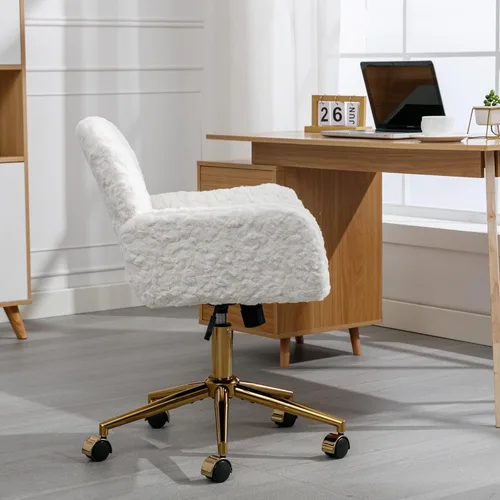 Miniatura 5 de HomVent Bonita silla de oficina peluda, moderna silla de escritorio de piel sintética blanca, silla de escritorio de maquillaje con ruedas y base