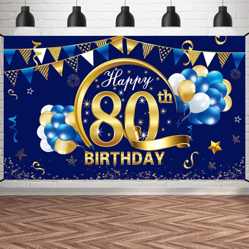 Miniatura 10 de Cartel de cumpleaños número 15 azul dorado para niños, suministros de fiesta de telón de fondo, letrero de fondo para fotos de cumpleaños de 15 años
