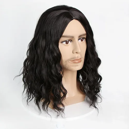 Miniatura 7 de Peluca negra para hombre, peluca rizada de longitud hasta el hombro, parte media, peluca negra para cosplay, fiesta de Halloween