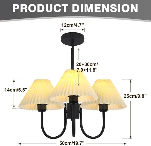 Miniatura 2 de KCO Lighting Lámpara Colgante Plisada Vintage de 3 Luces Araña de Techo con Pantallas de Lámpara Pequeña Araña de Tela Negra y Blanca para Sala