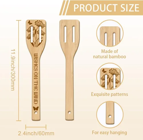 Miniatura 3 de GLOBLELAND Juego de 6 cucharas de madera de diente de león con diseño de mariposa y bambú, utensilios de cocina de madera grabada, juego