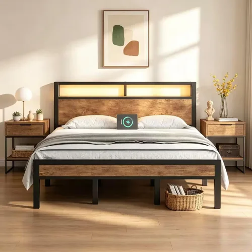 Miniatura 11 de LoVinson Full Size Bed Frame with Charging Station and LED Light, Metal Platform Bed with Storage Headboard, Noise Free, No Box Spring Needed, Easy