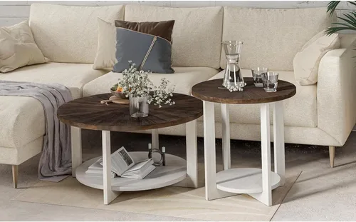Miniatura 7 de Mesas de centro redondas de madera con almacenamiento, mesa de centro rústica con parte superior de madera envejecida, mesa circular grande