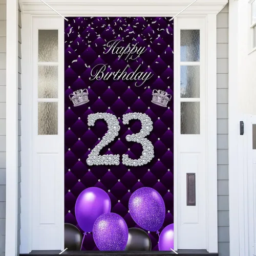 Miniatura 9 de Cartel morado de feliz primer cumpleaños telón de fondo para cabina de fotos, globos de corona plateada, decoración temática para niña, aniversario