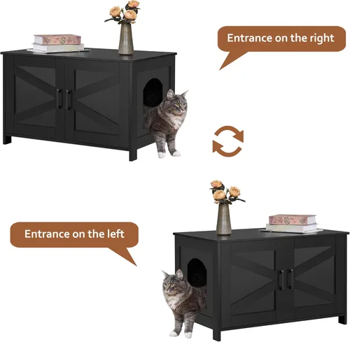 Miniatura 7 de Caja de arena para gatos Homhedy, mueble de baño de madera para gatos con puerta de granero, casa para mascotas, se adapta a la mayoría de las cajas