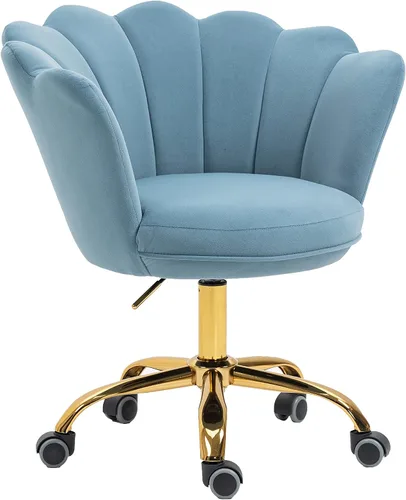 Miniatura 20 de Cómoda silla de trabajo para oficina en casa con ruedas, bonita y moderna tapizada de terciopelo con respaldo de concha, silla de escritorio