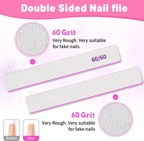 Miniatura 4 de BLESWIN 12 limas de uñas de grano 60/60, limas de uñas jumbo para uñas acrílicas, lima de uñas de doble cara para manicura, pedicura y uñas acrílicas