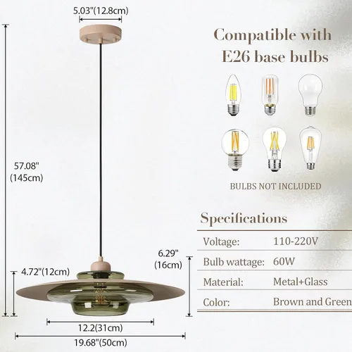 Miniatura 4 de TeHenoo Lámpara colgante moderna, pantalla marrón claro, lámpara de cristal transparente verde oscuro, iluminación colgante ajustable de mediados