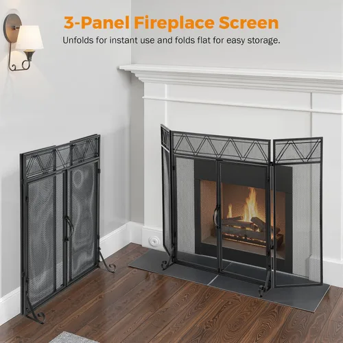 Miniatura 5 de BEAMNOVA - Pantalla para chimenea de 50.2 x 34.3 pulgadas, color negro, con puertas y herramientas, protector contra chispas de 3 paneles, plegable