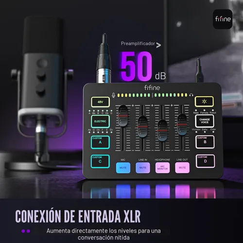 Miniatura 2 de FIFINE Mezclador de audio para juegos, mezclador de PC RGB para streaming con interfaz de micrófono XLR, control individual, atenuador de volumen