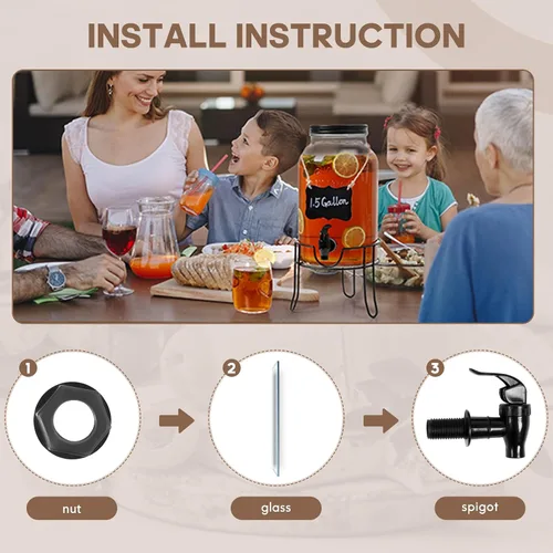 Miniatura 5 de Dispensadores de bebidas de vidrio de 1.5 galones para fiestas, dispensadores de bebidas heladas con soporte, dispensador de agua de vidrio