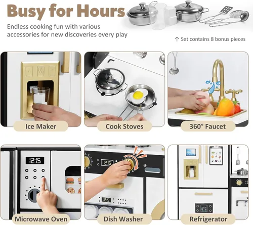 Miniatura 2 de TODEFULL Juegos de cocina para niños, juego de cocina de madera para niños, cocina de juguete interactiva con congelador, lavadora, máquina de hielo