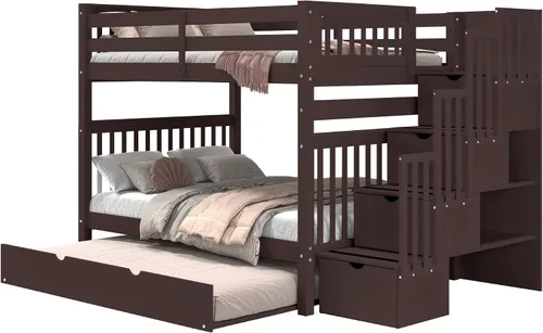 Miniatura 2 de Bedz King Literas de escalera de tamaño matrimonial con 4 cajones en los escalones y un nido completo, color cereza oscuro