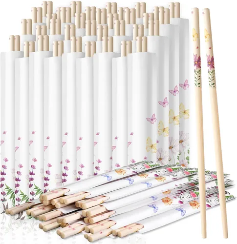 Miniatura 8 de 50 pares de palillos de flor de cerezo a granel con funda azul, palillos desechables de bambú de eucalipto, favores de boda, suministro de comida