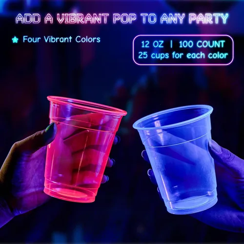 Miniatura 2 de Lilymicky Paquete de 100 vasos de plástico de 12 onzas, vasos de plástico neón brillantes para fiestas, carnavales y cualquier evento