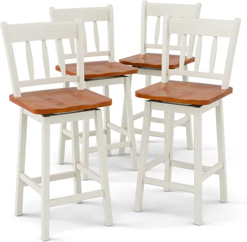 COSTWAY Juego de 4 taburetes de bar de 24.5 pulgadas, sillas de bar de madera de goma con giro de 360°, reposapiés, taburetes de bar giratorios de