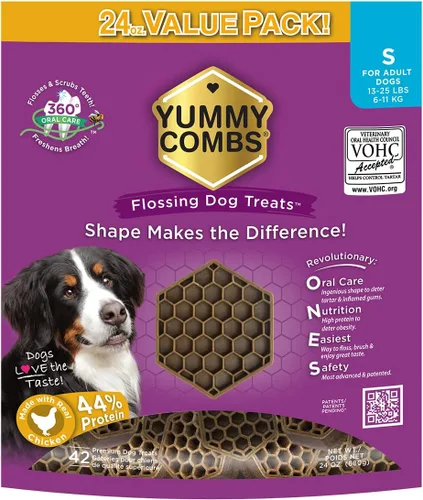 Miniatura 21 de Yummy Combs Golosinas dentales para perros, aprobadas por veterinarios VOHC, deliciosa proteína de pollo, elimina el sarro con forma de peine