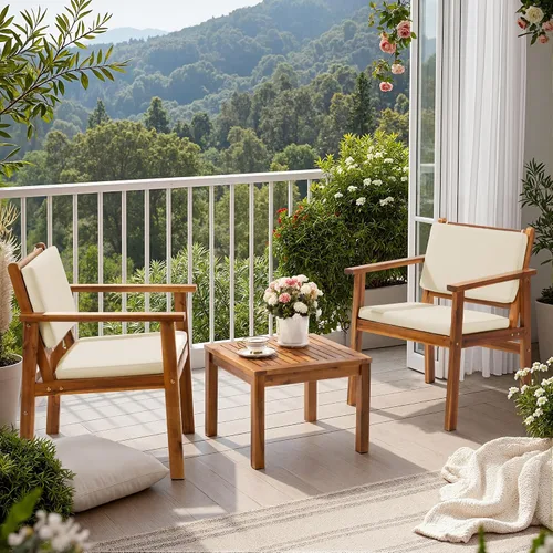 Flamaker Sillas de Patio 3 Piezas Muebles de Patio de Madera de Acacia con Mesa de Café y Cojines Conjunto de Conversación Exterior Sillas de Balcón