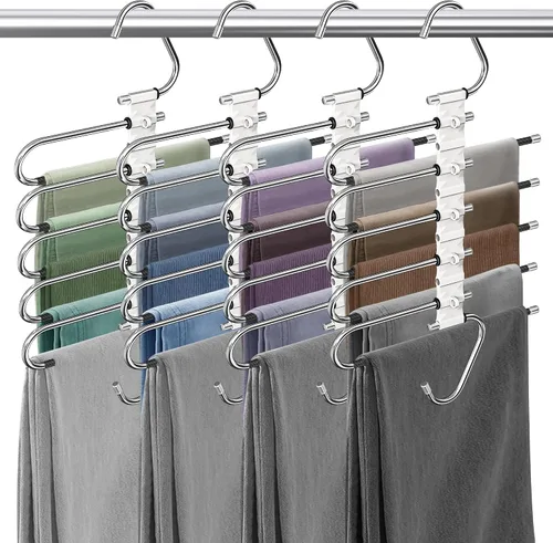 Miniatura 14 de Perchas para pantalones de 9 niveles que ahorran espacio, paquete de 2 organizadores multifuncionales de acero inoxidable para armario para Blanco
