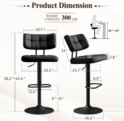 Miniatura 3 de Furniliving - Juego de 2 taburetes de bar modernos de piel sintética, taburetes de bar tapizados giratorios con respaldo, sillas de bar ajustables