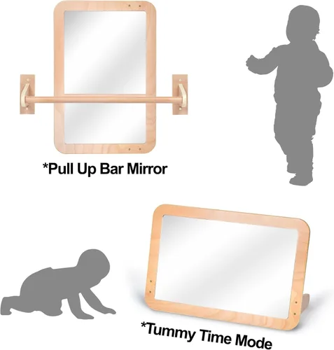 Miniatura 7 de Montessori Baby Espejo de seguridad inastillable 2 en 1 con barra de dominadas, montaje en pared infantil y juego en el suelo para el tiempo boca