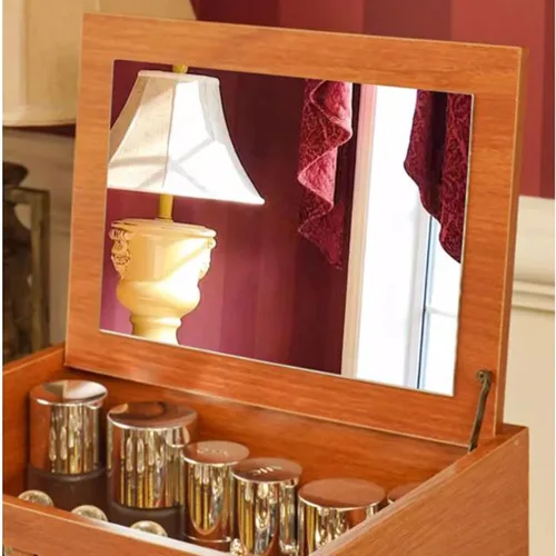 Miniatura 4 de Organizador de maquillaje, organizador de maquillaje de madera retro con espejo y 2 cajones, soporte grande para brochas de cuidado de la piel