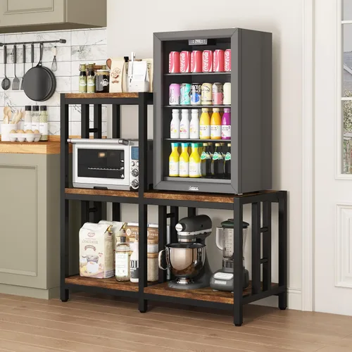 Miniatura 9 de Mini soporte para refrigerador con almacenamiento, gabinete negro para barra de café con espacio para mini refrigerador, soporte para microondas