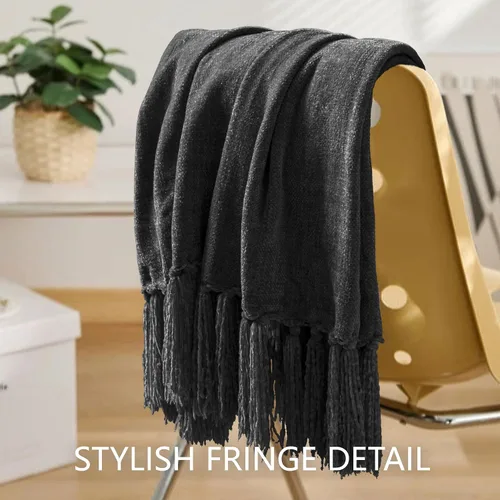 Miniatura 3 de Manta Chenille para sofá, 50" x 60", manta suave y acogedora con borlas de flecos para cama, sofá y silla, manta bohemia tejida ligera decorativa