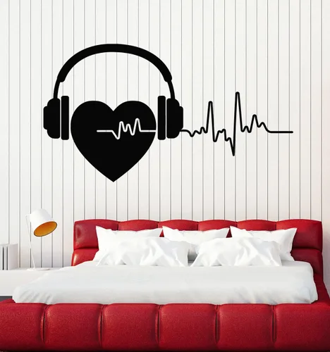 Vinilo adhesivo de pared con diseño de música, amor, cardiograma, corazón, audífonos, para habitación de adolescentes, decoración grande (g6559),