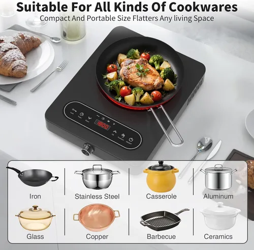 Miniatura 4 de VBGK Cocina eléctrica de un solo quemador, 110 V 1800 W con controles táctiles LED y controles de perilla, 10 niveles de potencia, temporizador de 4